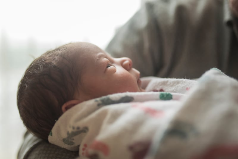 Father holding newborn baby wrapped in swaddle.