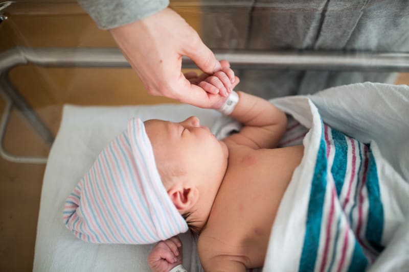 Newborn baby in incubator holding dad's hand. 